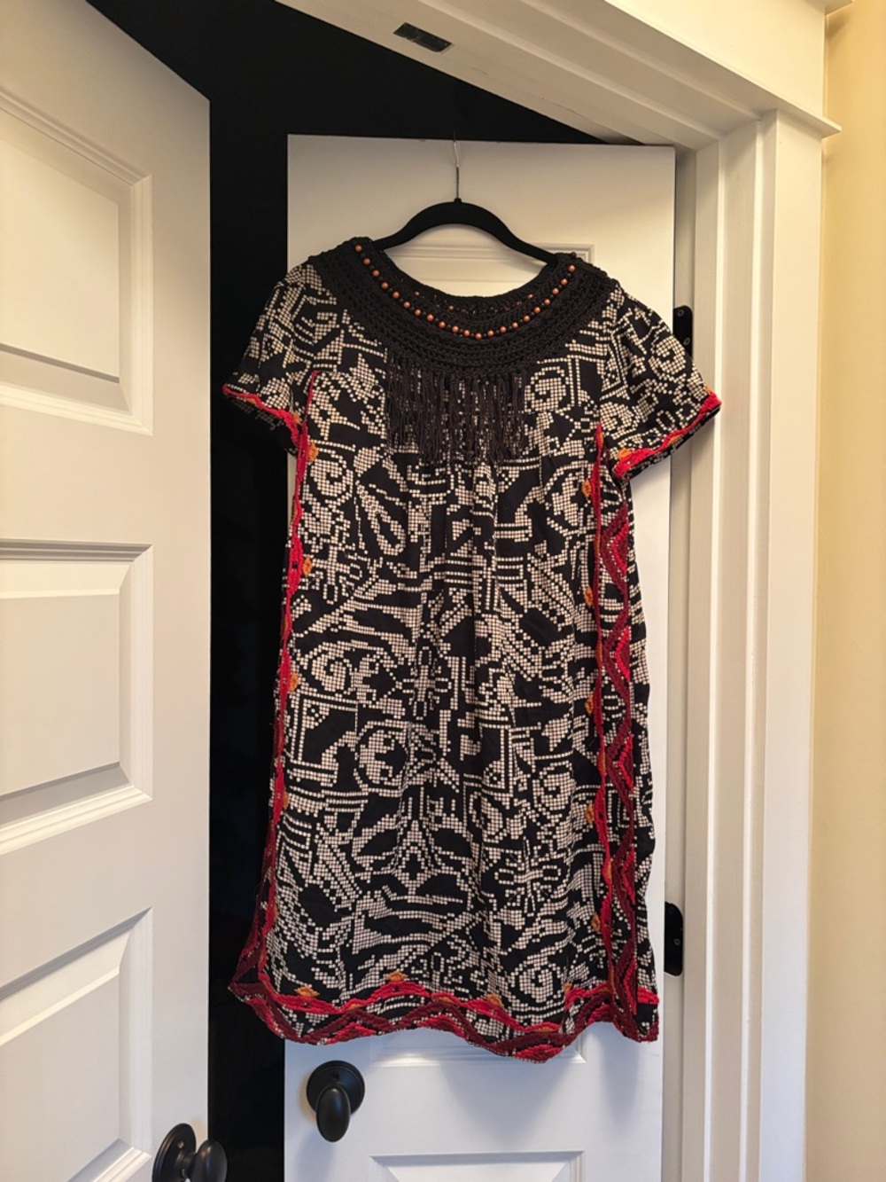 Anthropologie | Floreat Black & White Patterned fringe dress with embroidery